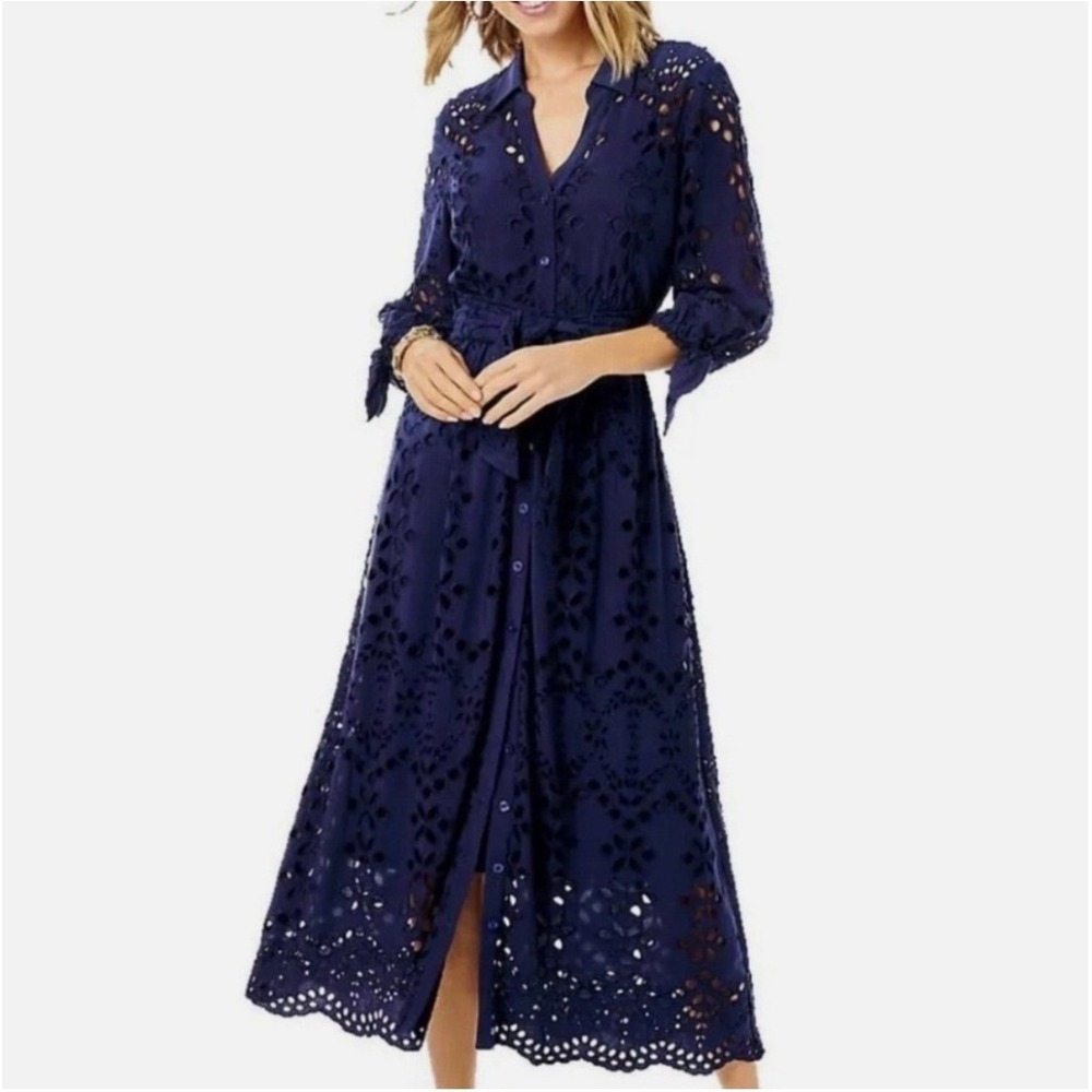 Lilly Pulitzer Amrita Navy Blue Eyelet Maxi Shirtdress Floral Cutout Size 14